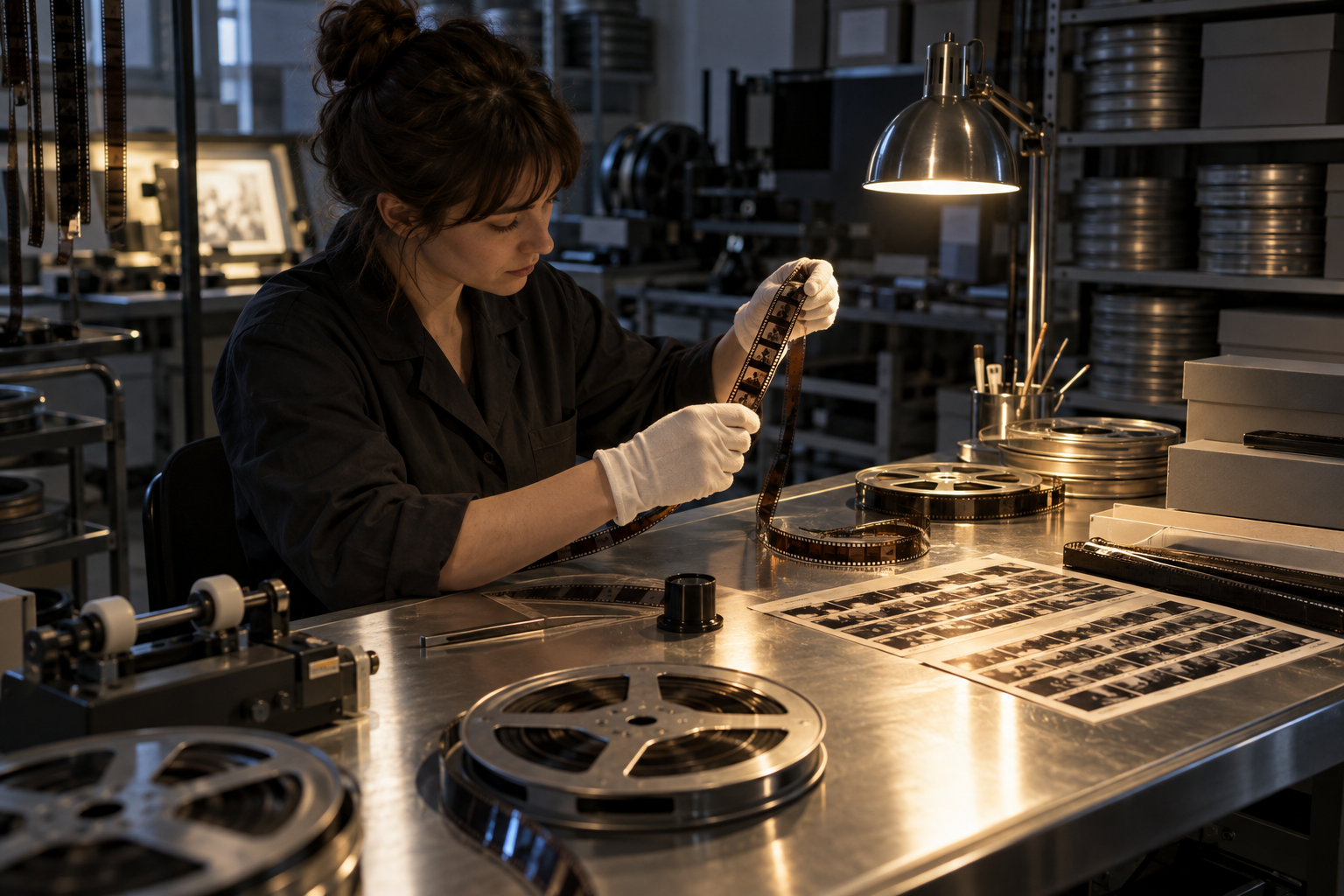 Film archivist works with 35mm reels