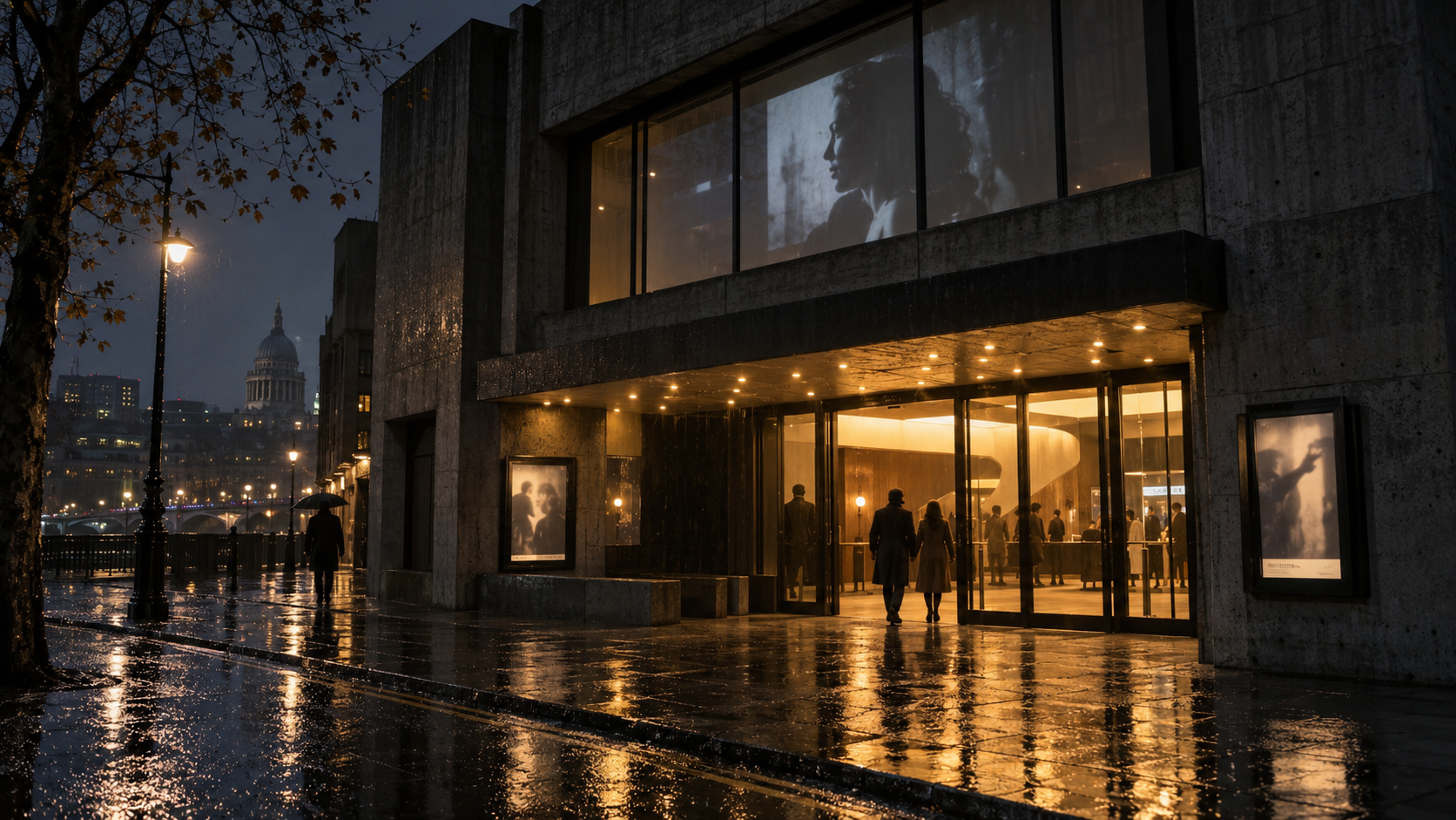 Lumen independent cinema glowing at night